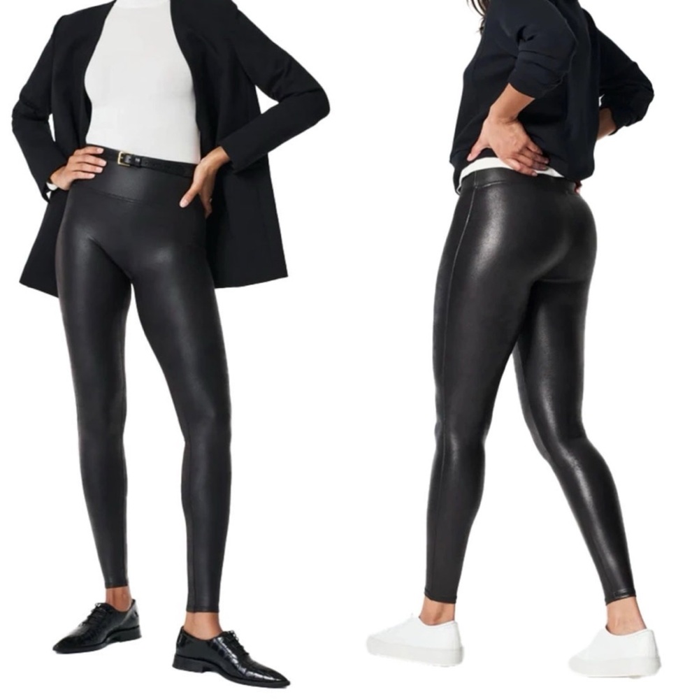 SPANX XL‎ Black Faux Leather Mid Rise Leggings Semi-Shiny